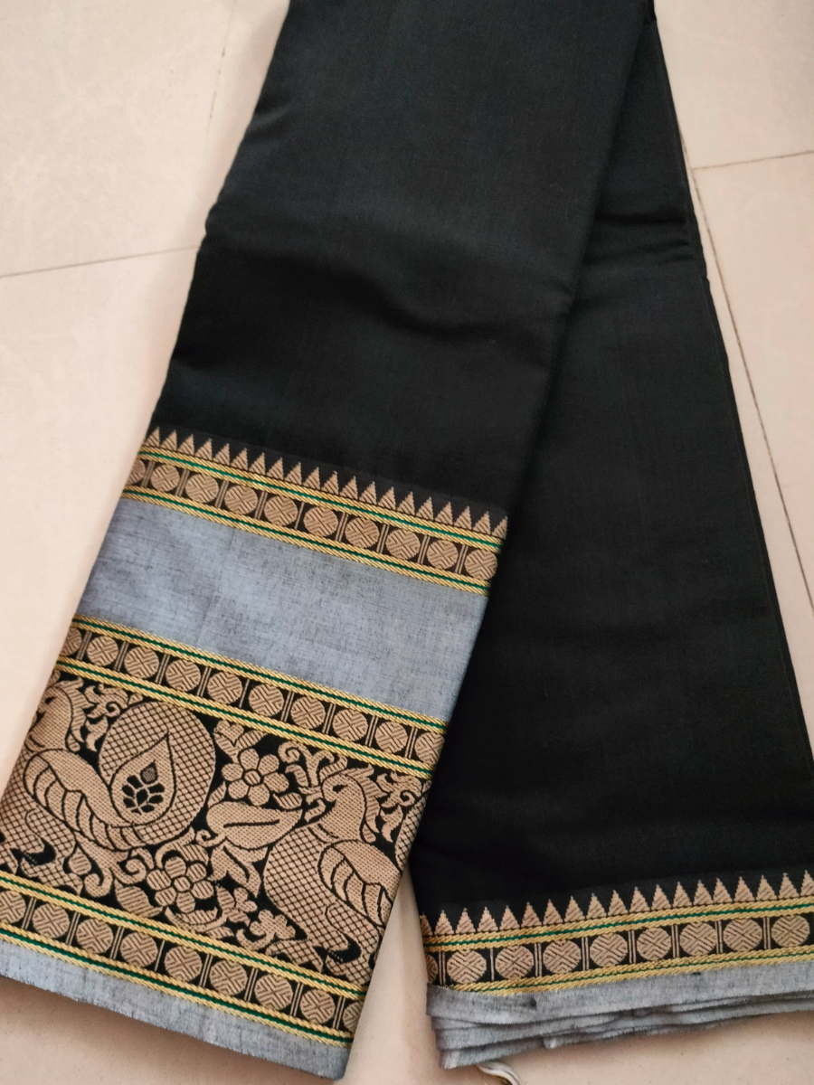 Elegant Black Narayanpet Saree with Peacock Border