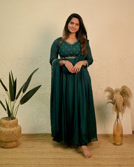 Elegant Dark Green Embroidered Georgette Anarkali Suit with Dupatta