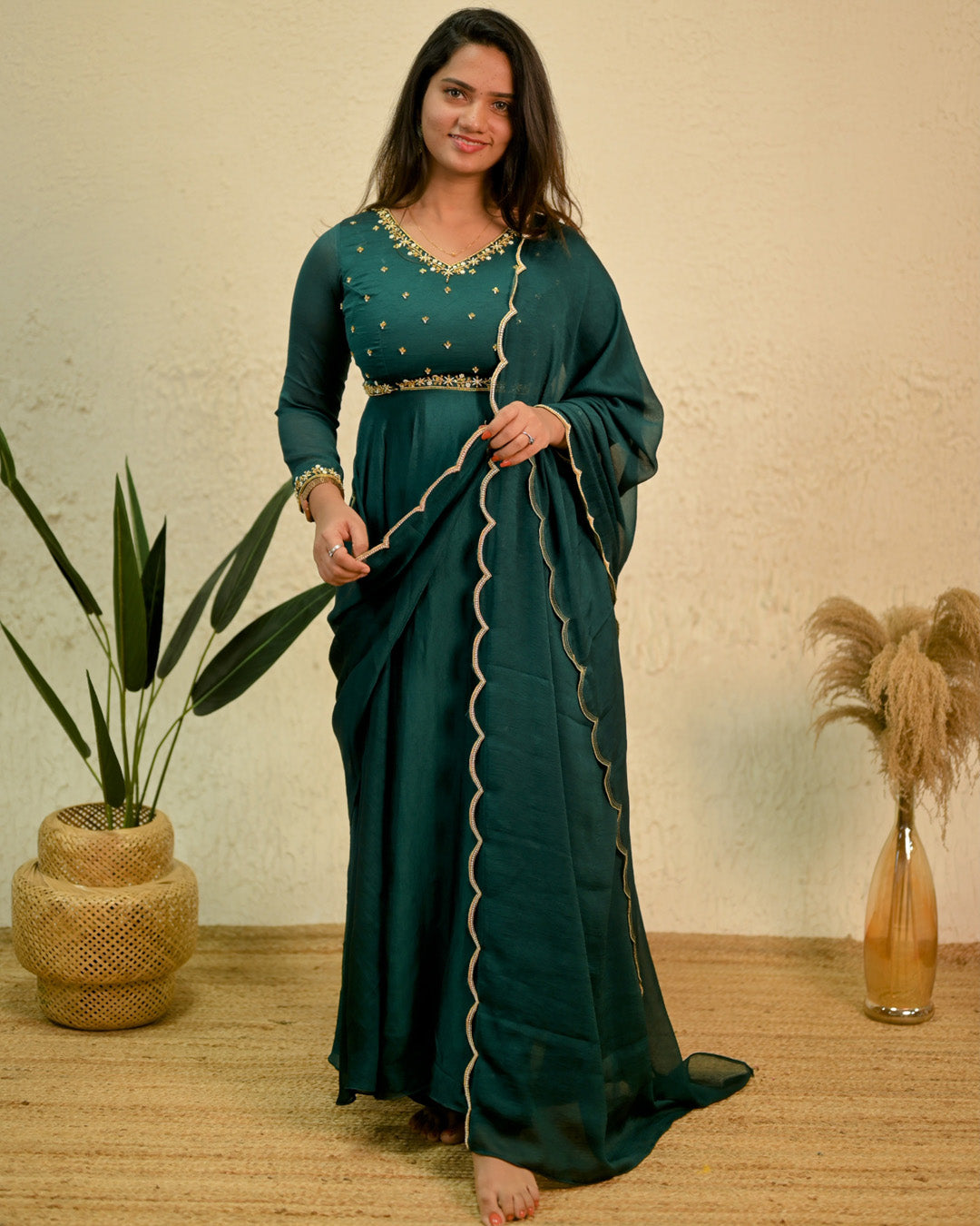 Elegant Dark Green Embroidered Georgette Anarkali Suit with Dupatta