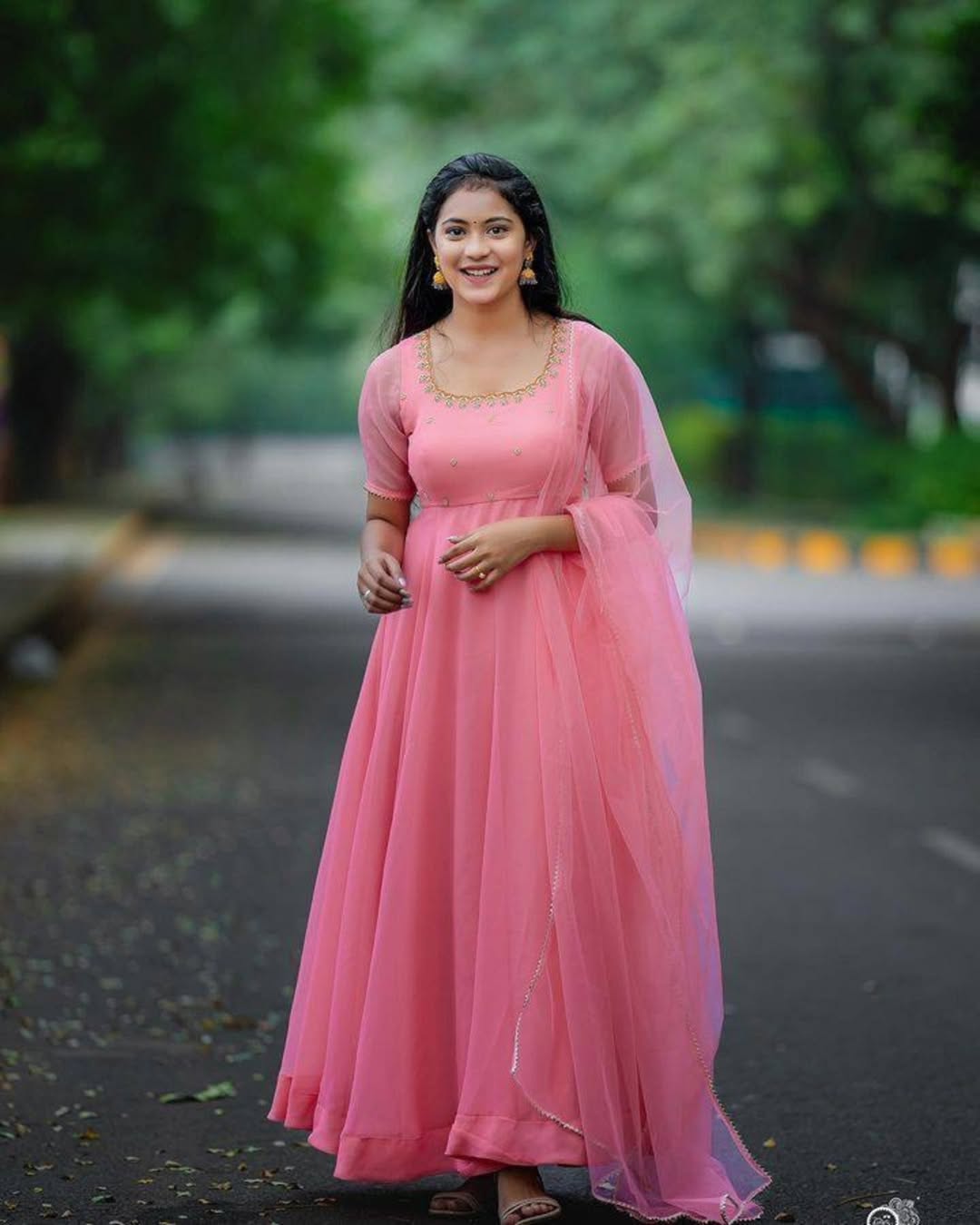 Graceful Pink Georgette Anarkali Suit with Elegant Handwork