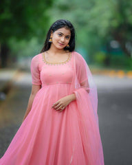 Graceful Pink Georgette Anarkali Suit with Elegant Handwork