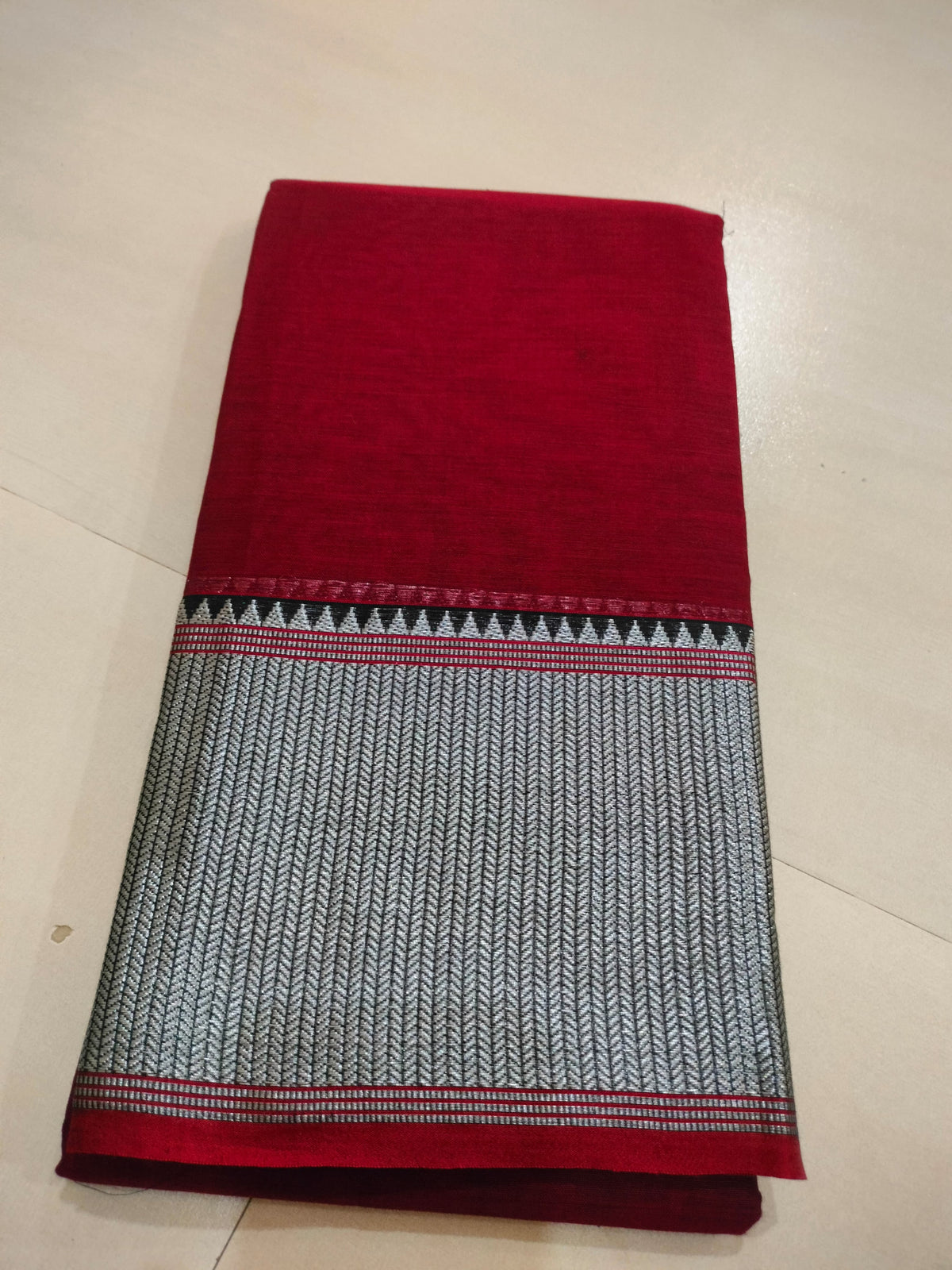 Maroon Narayanpet Cotton Saree with Silver Zari Border