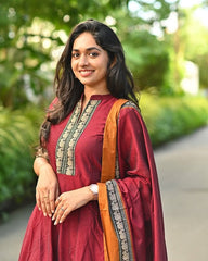 Maroon Cotton Anarkali with Elephant Narayanpet Border