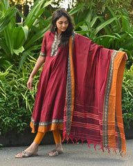 Maroon Cotton Anarkali with Elephant Narayanpet Border