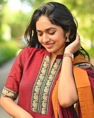 Maroon Cotton Anarkali with Elephant Narayanpet Border