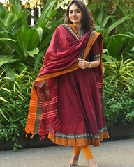 Maroon Cotton Anarkali with Elephant Narayanpet Border