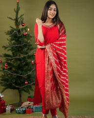 Festive Red Kurta Set with Golden Dupatta