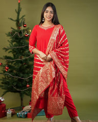 Festive Red Kurta Set with Golden Dupatta