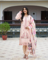 Soft Peach Embroidered Cotton Kurta Set