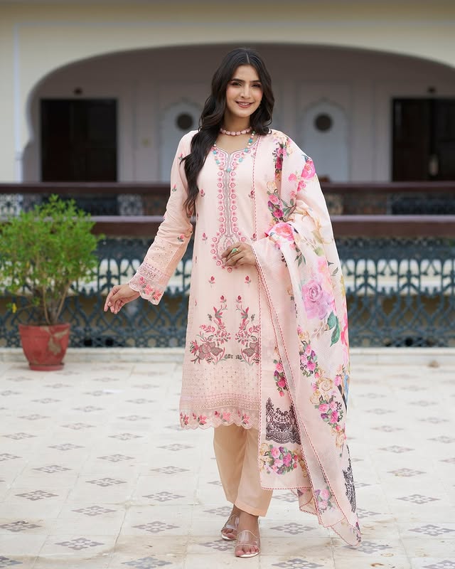 Soft Peach Embroidered Cotton Kurta Set